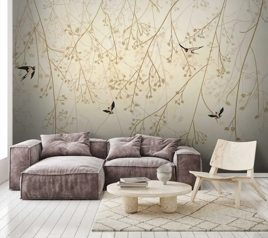 wall murals Ластавице међу гранама у деликатним нијансама у оријенталном стилу u79623