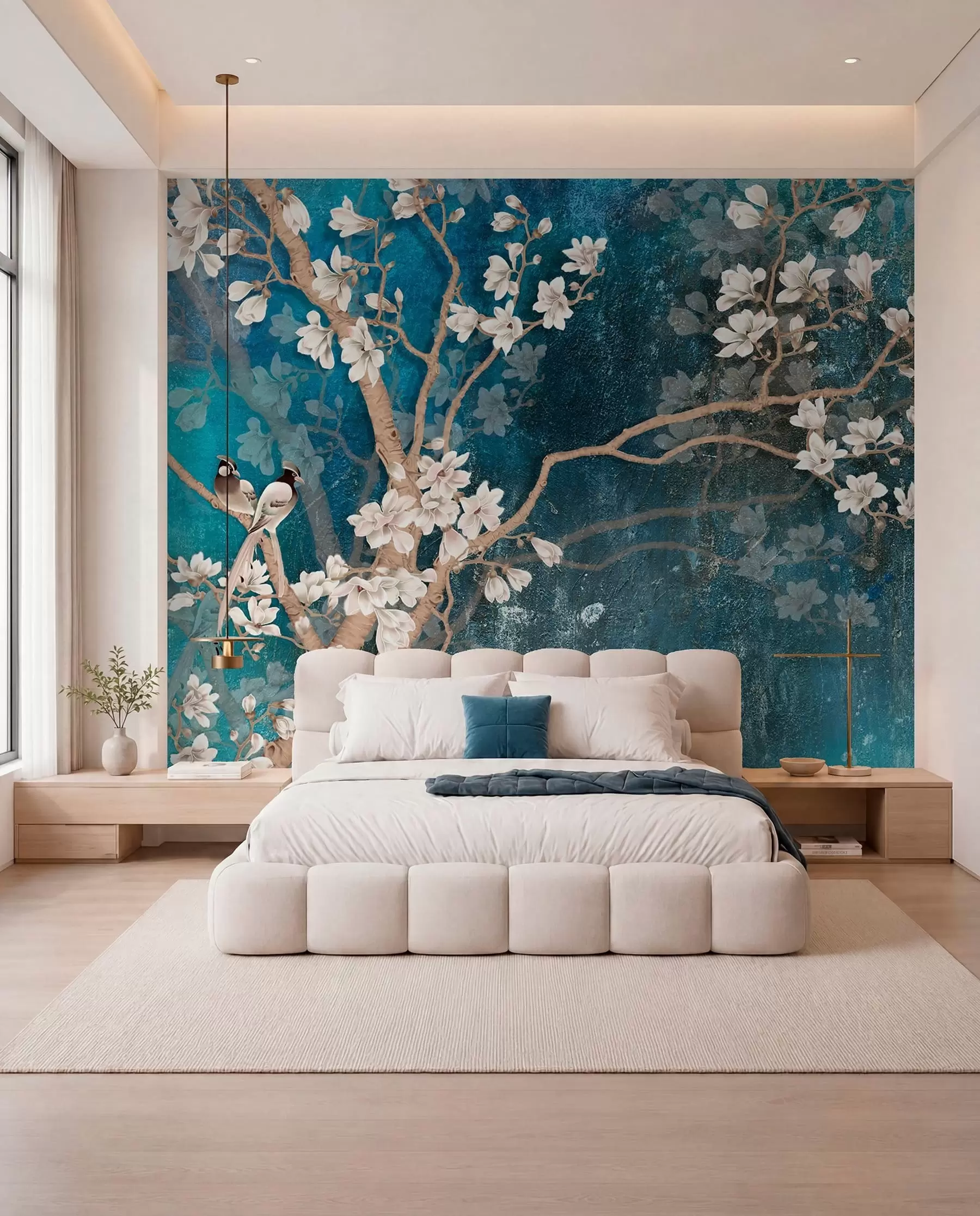 wall murals Ptice i cvetovi na plavoj u12150