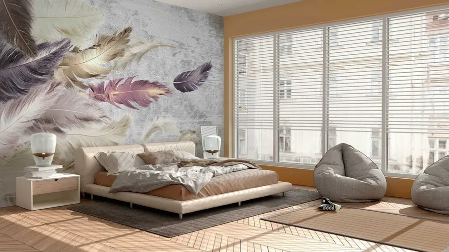 wall murals Обојите перје на бетонском зиду u21165