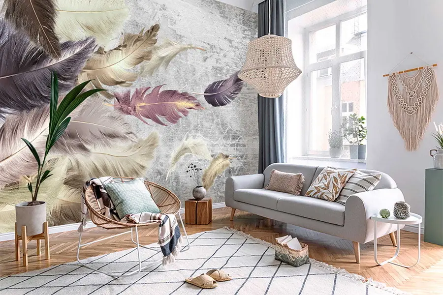 wall murals Обојите перје на бетонском зиду u21165