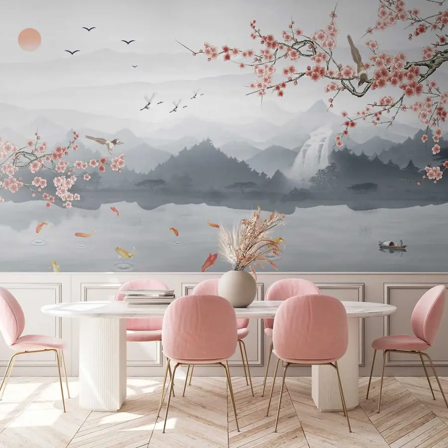 wall murals Сакура на позадини језера и планина u28840