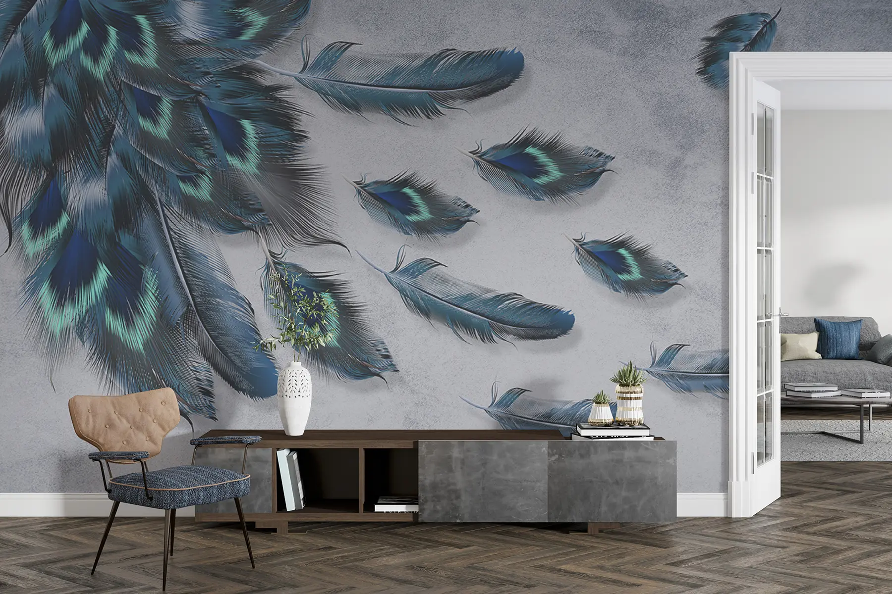 wall murals Пеацоцк перје на позадини бетонског зида u29836
