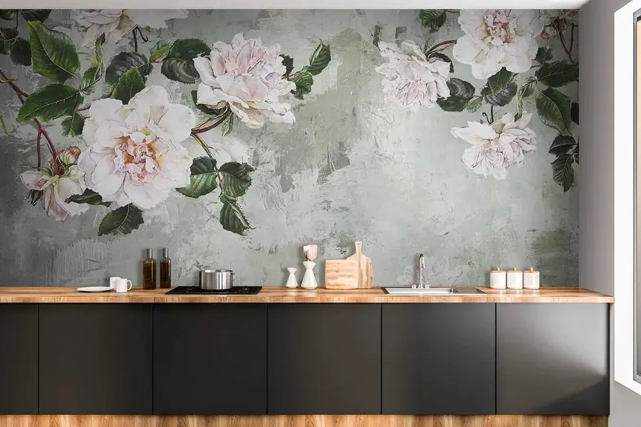 wall murals Цветајуће филијале на позадини облогеног зида u37301