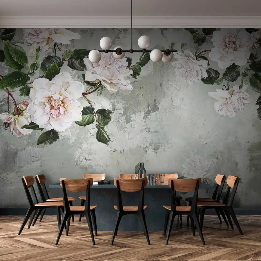 wall murals Цветајуће филијале на позадини облогеног зида u37301