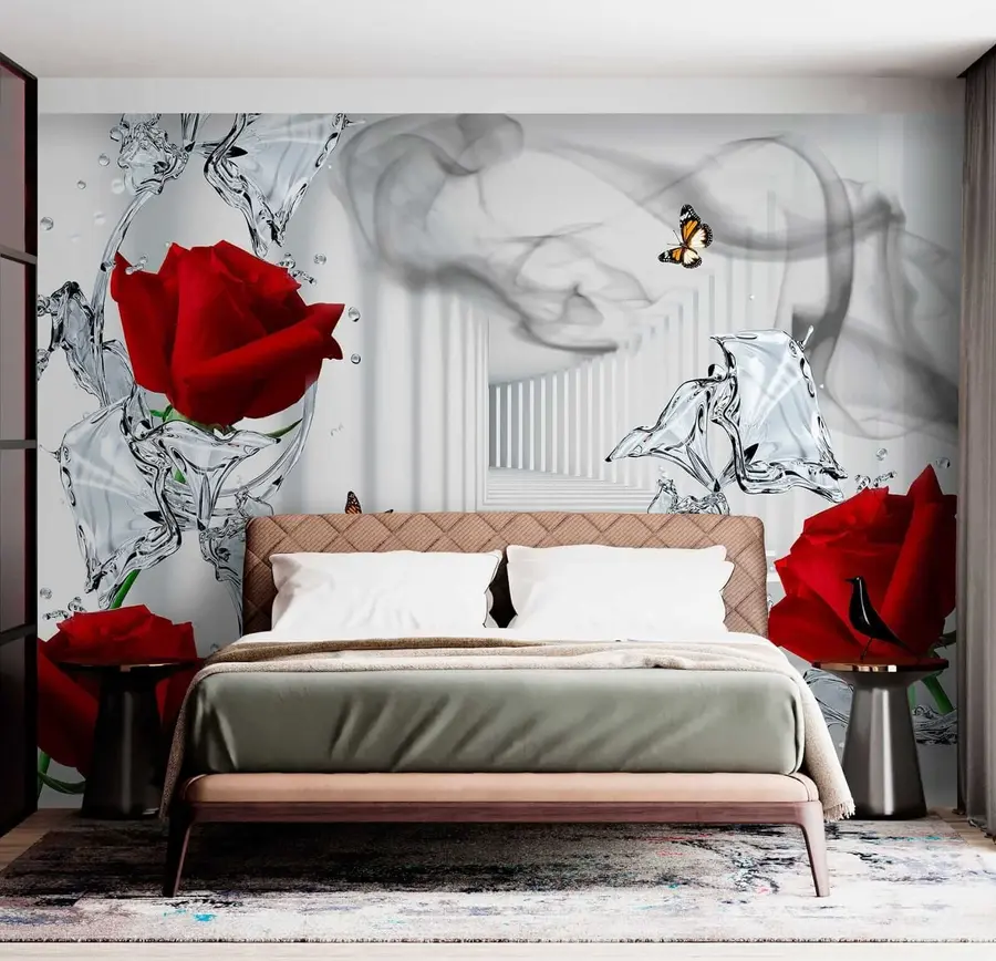 wall murals Црвене руже и пљусак воде u41092