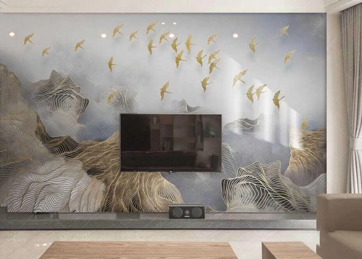 wall murals Из танких линија нацртан је диван пејзаж са планинама и птицама u44870