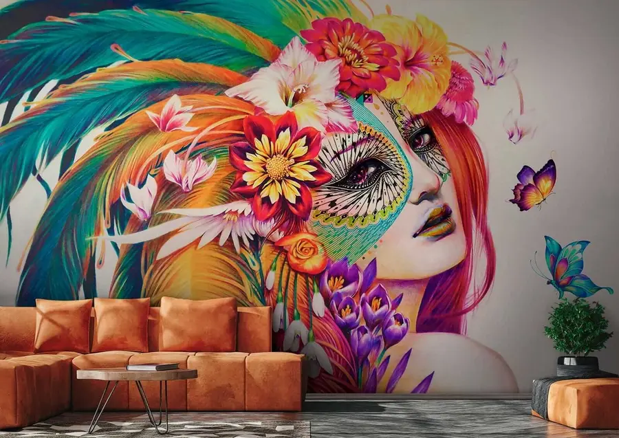 wall murals Девојка са перјем и цвећем u46277
