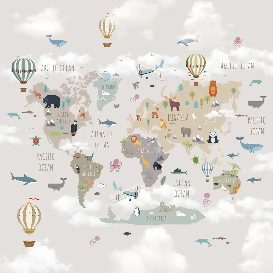 wall murals Мапа света са животињама и балонима u96461d1