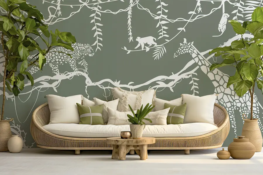wall murals Апстрактна уметност џунгле, лијане, леопард, жирафа, мајмуни, палме, чудовишта, зелена и бела w00087v1