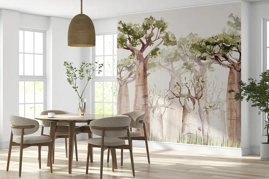 wall murals Баобаб дрво, сафари тема, шума, беж и зелене боје w00082