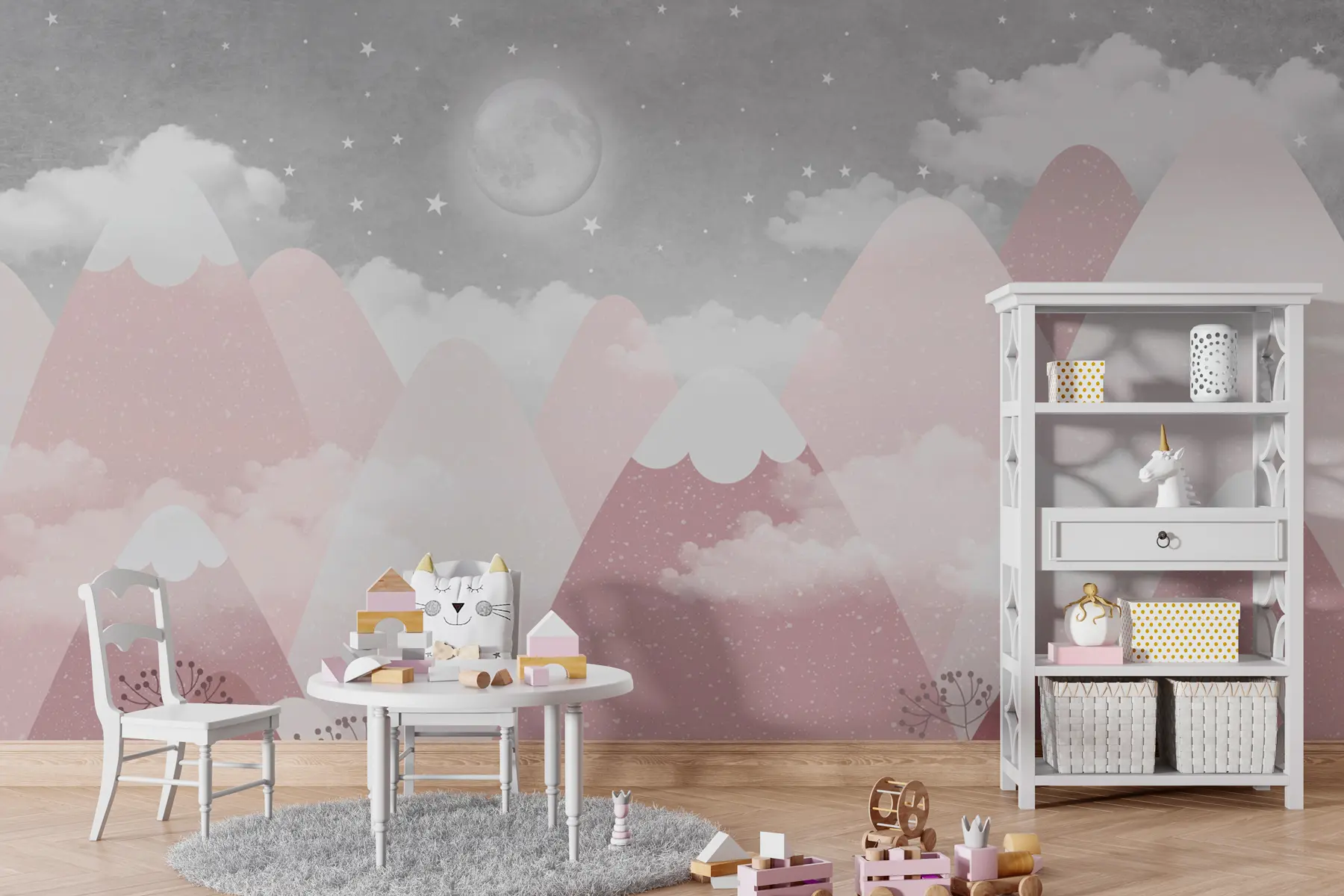 wall murals Дечја илустрација Месец над снежним планинама w00374