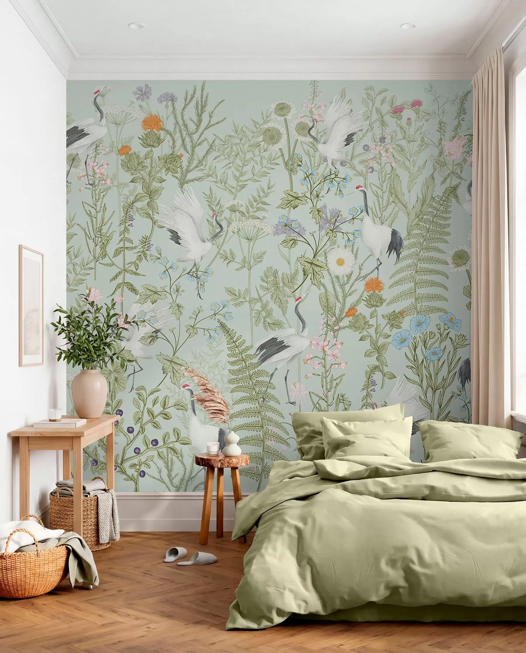 wall murals Орнамент цвећа са птицама, рустикални стил, ботанички, ливада, плава позадина w00380v4