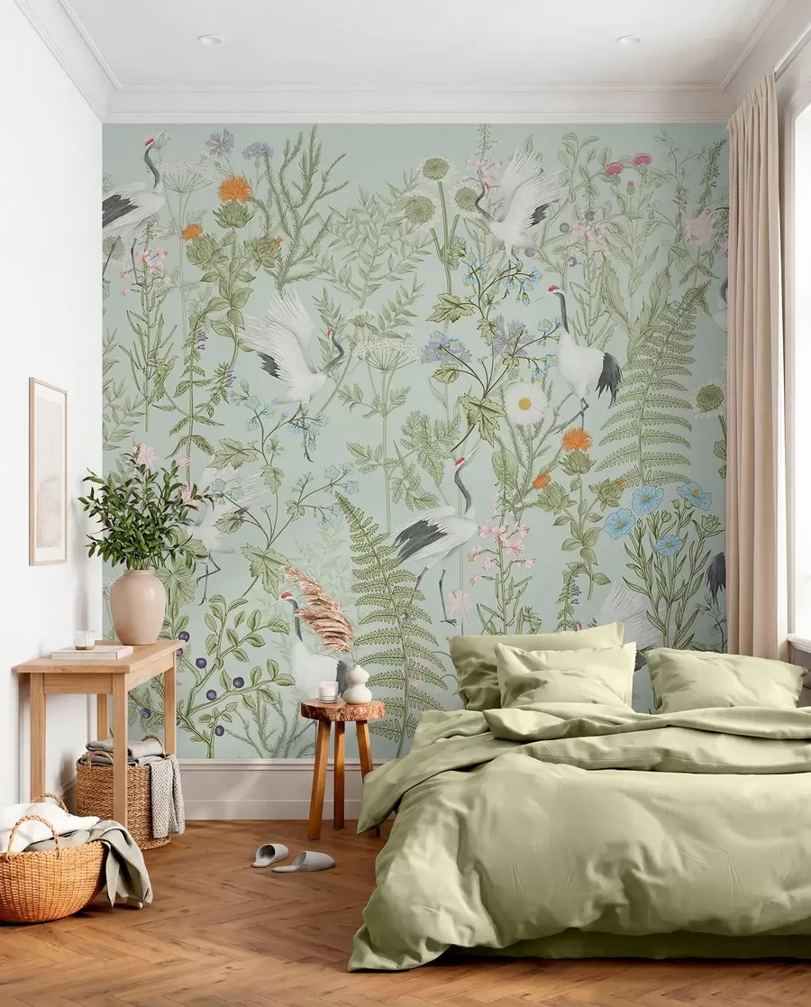 wall murals Орнамент цвећа са птицама, рустикални стил, ботанички, ливада, плава позадина w00380v4