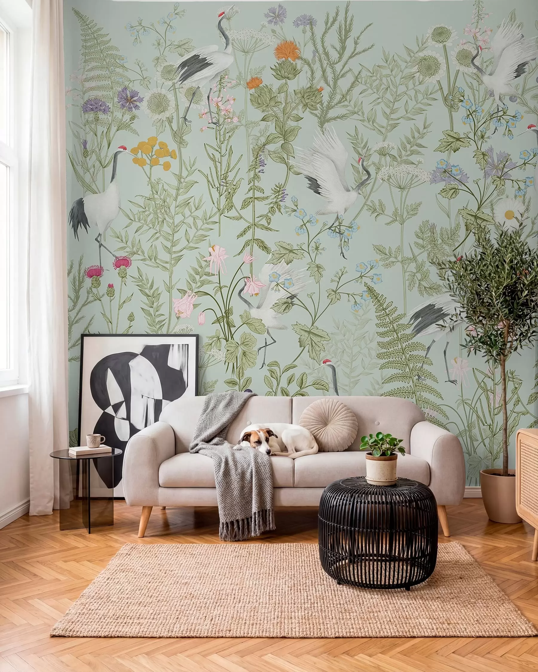 wall murals Орнамент цвећа са птицама, рустикални стил, ботанички, ливада, плава позадина w00380v4