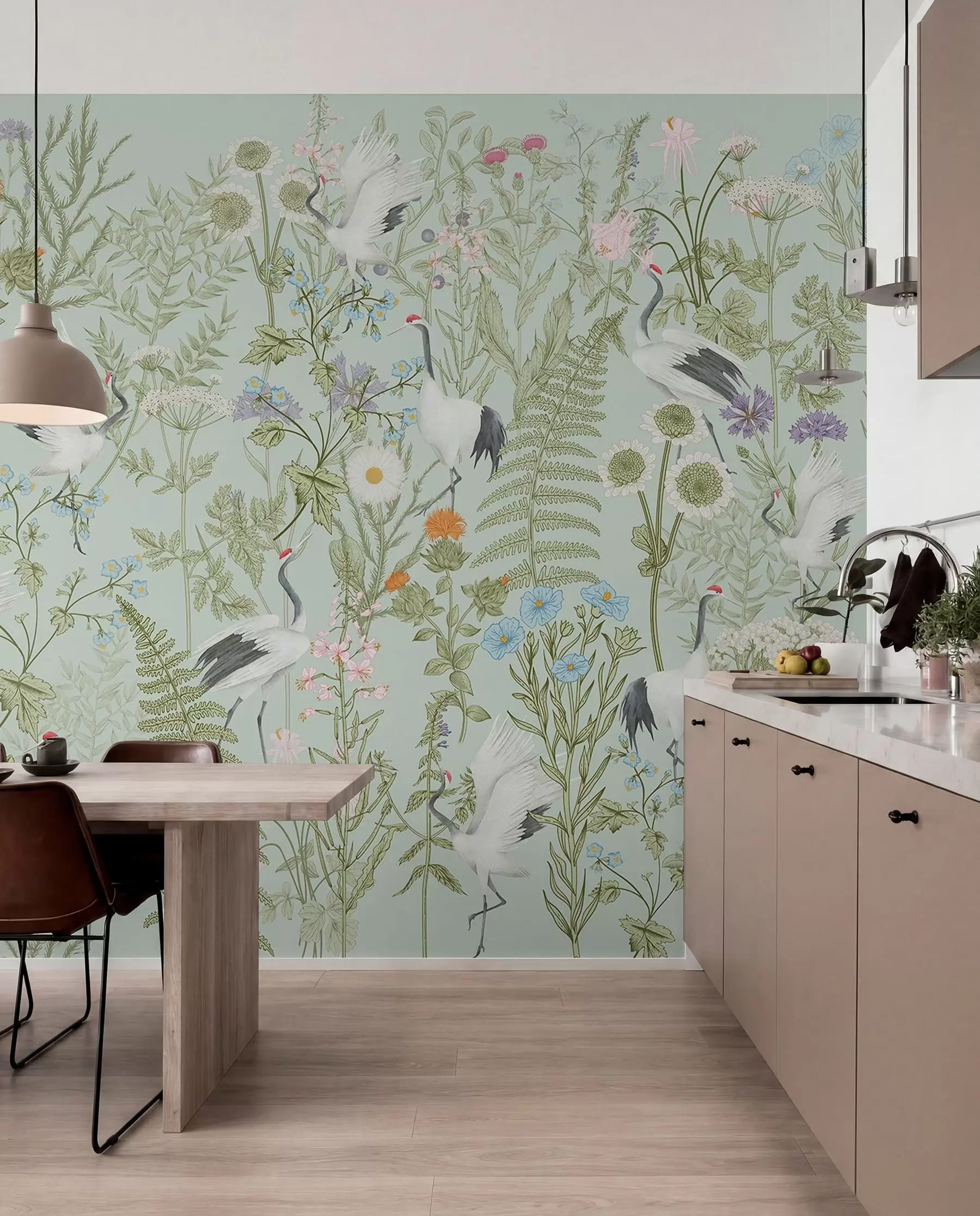wall murals Орнамент цвећа са птицама, рустикални стил, ботанички, ливада, плава позадина w00380v4