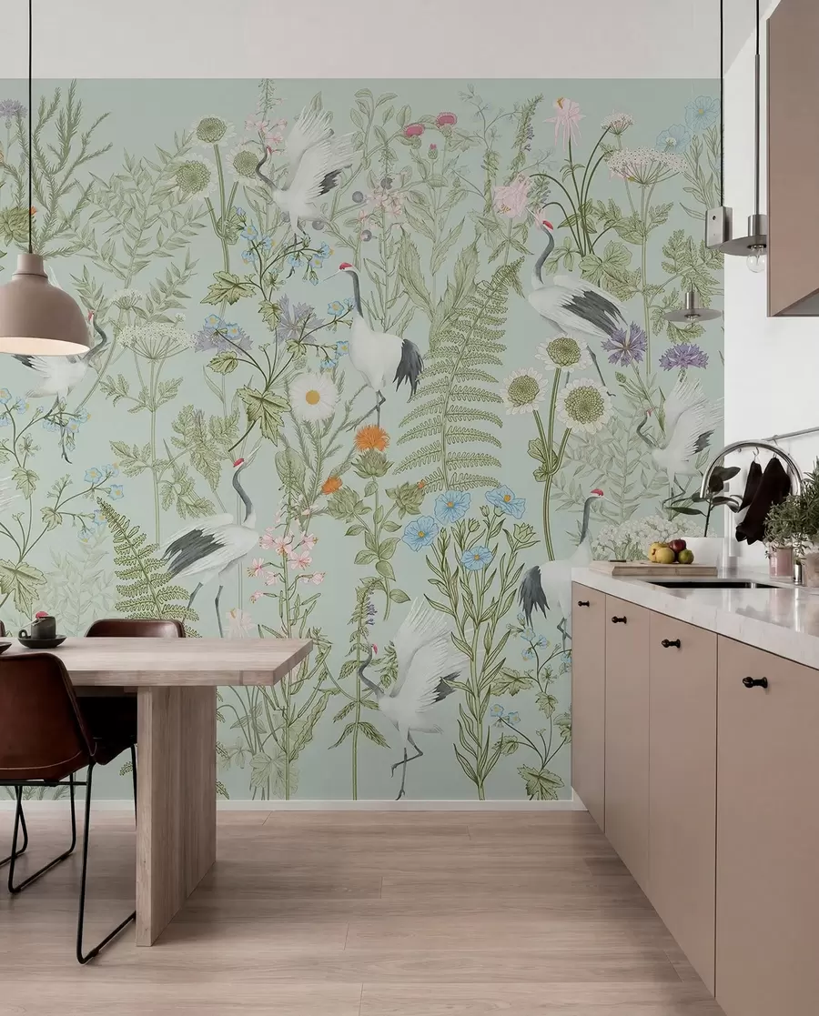 wall murals Орнамент цвећа са птицама, рустикални стил, ботанички, ливада, плава позадина w00380v4