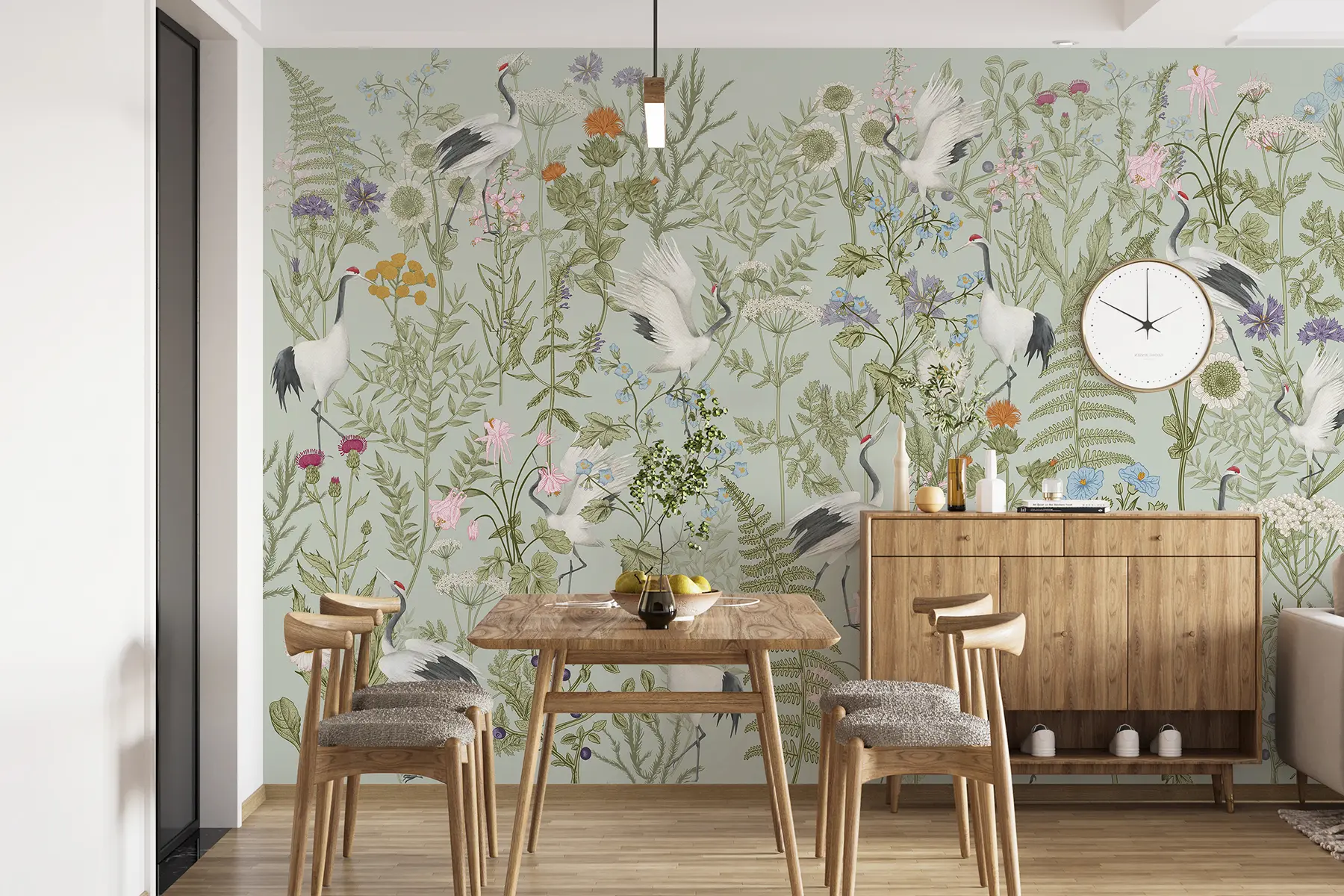 wall murals Орнамент цвећа са птицама, рустикални стил, ботанички, ливада, плава позадина w00380v4