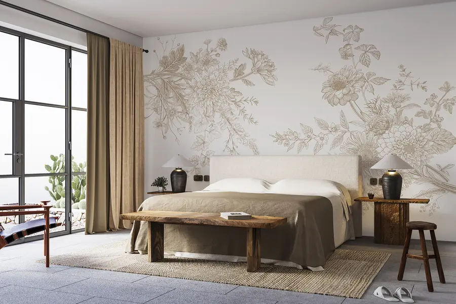 wall murals Цветни орнамент, минимализам, уметност линија, бохо стил, рустикални, божур, тратинчица, беж боје, ливада w00381v4