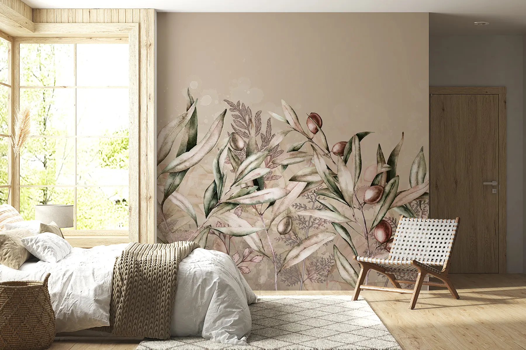wall murals Илустрација маслина, цветни дизајн, тропска, акварел, велики листови, беж боје w00407v1