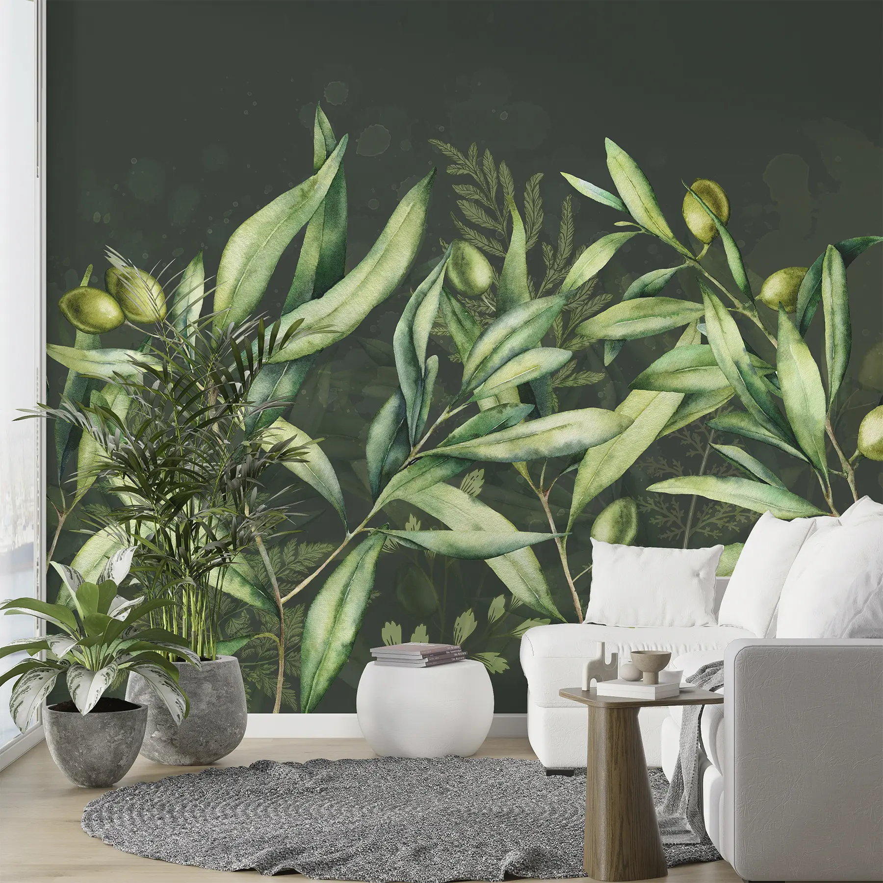 wall murals Илустрација маслина, цветни дизајн, тропска, акварел, велико лишће, тамна позадина w00407v4