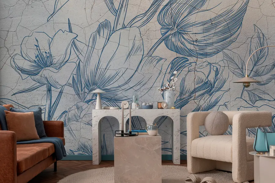 wall murals Графички цртеж цвећа на зиду поткровља w00391