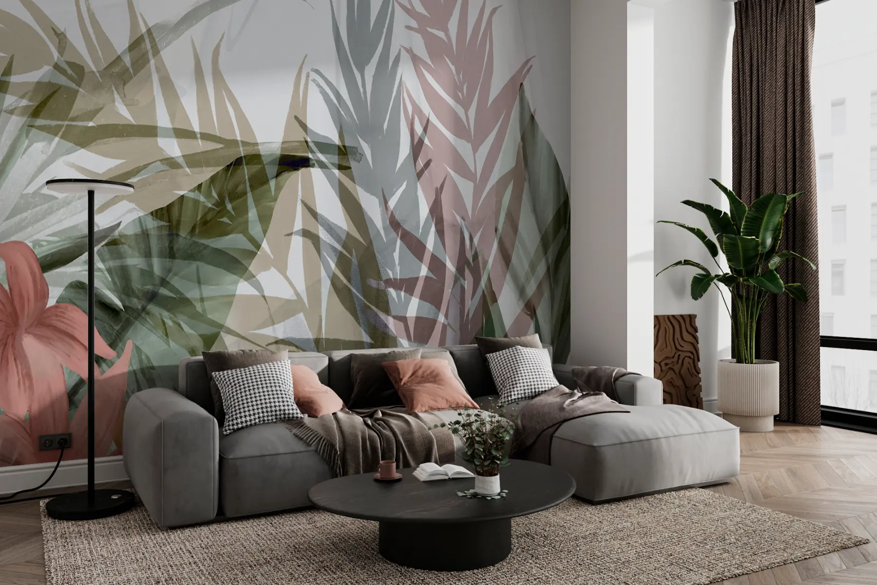 wall murals Нежно тропско лишће и цвеће на белој позадини w00423