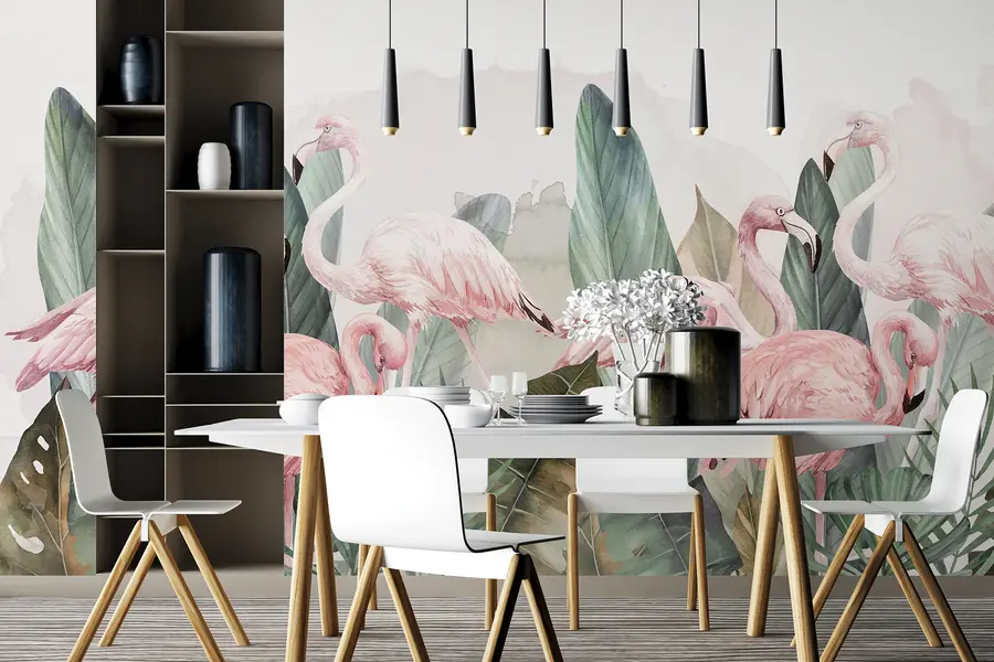 wall murals Фламингоси у тропским листовима, акварел, розе и маслинасте боје w00505v1