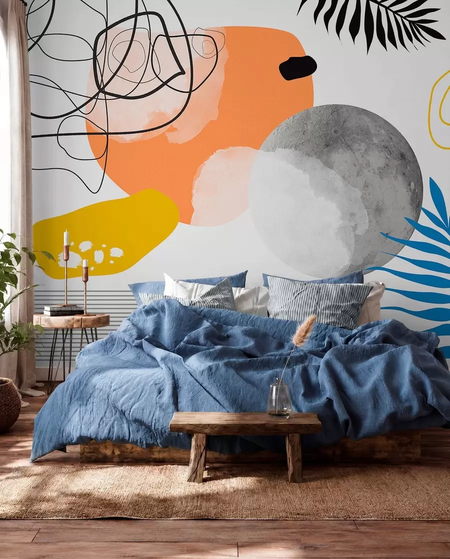 wall murals Апстрактно модерно, минимализам, бохо, геометрија, акварелне мрље, пун месец, силуета палминог листа, топографија, замршеност, наранџаста, жута, сива w00508