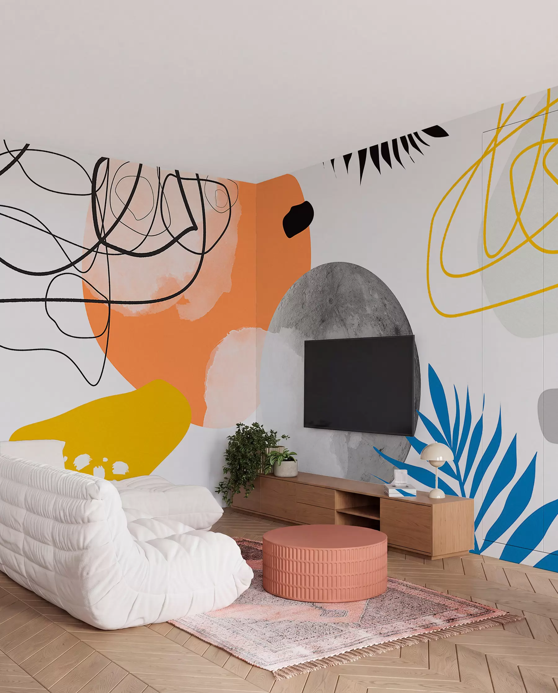 wall murals Апстрактно модерно, минимализам, бохо, геометрија, акварелне мрље, пун месец, силуета палминог листа, топографија, замршеност, наранџаста, жута, сива w00508