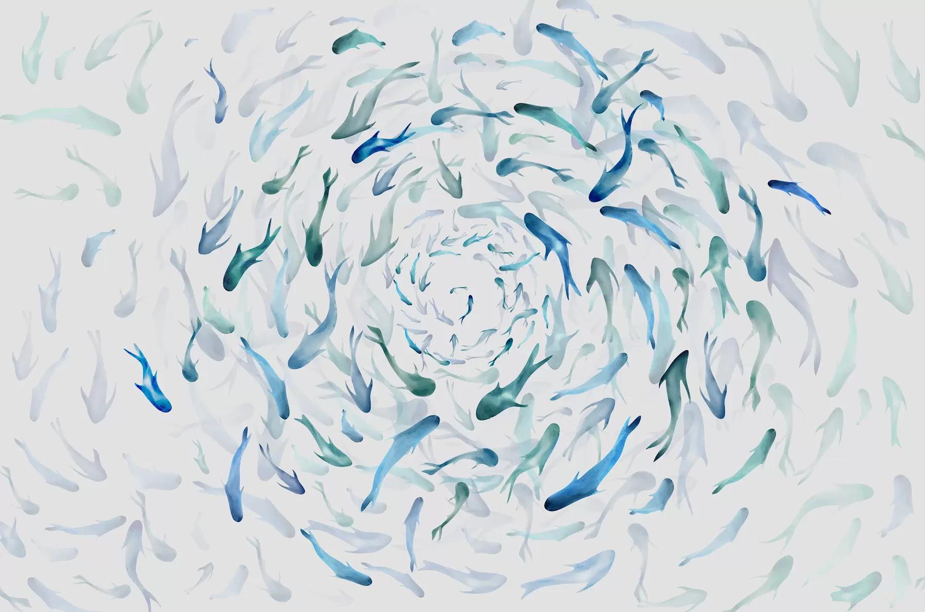 wall murals Риба која се ковитла у вртлогу, рибљи плес, акварел, ајкула, апстрактна композиција, минимализам, плава, зелена боја w00510