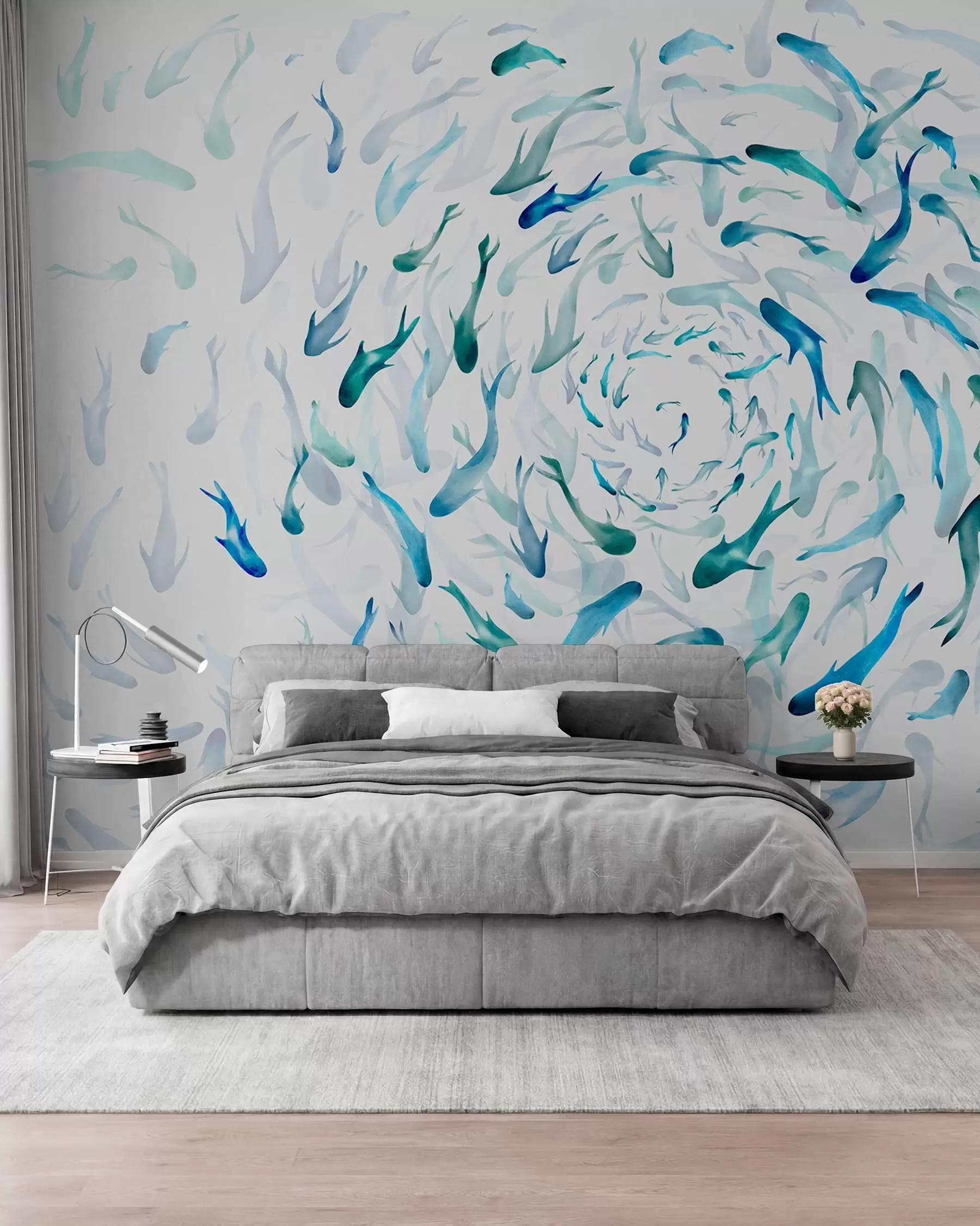 wall murals Риба која се ковитла у вртлогу, рибљи плес, акварел, ајкула, апстрактна композиција, минимализам, плава, зелена боја w00510