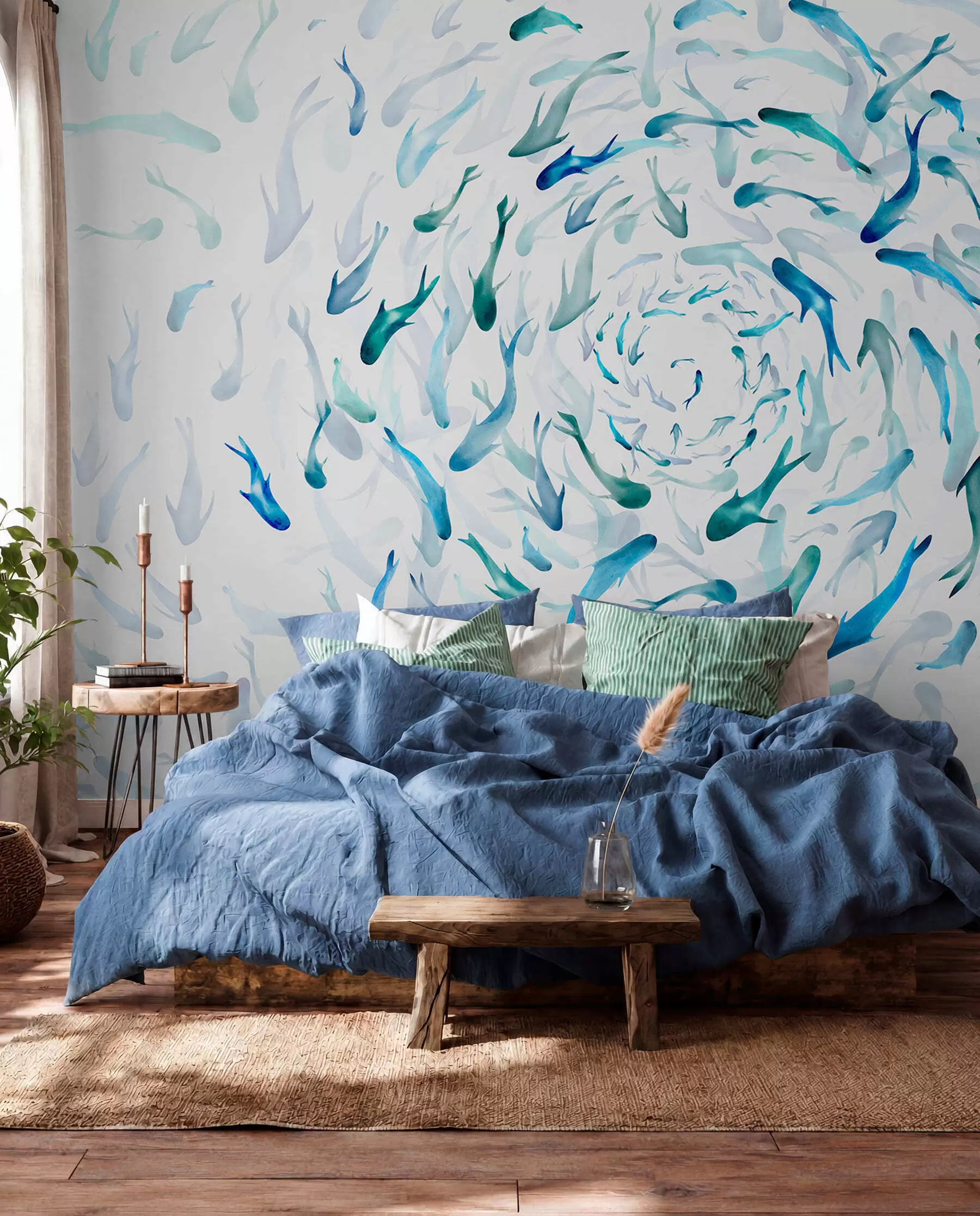wall murals Риба која се ковитла у вртлогу, рибљи плес, акварел, ајкула, апстрактна композиција, минимализам, плава, зелена боја w00510