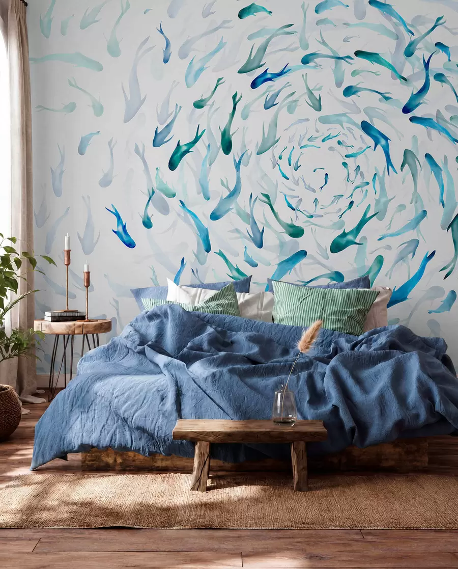 wall murals Риба која се ковитла у вртлогу, рибљи плес, акварел, ајкула, апстрактна композиција, минимализам, плава, зелена боја w00510