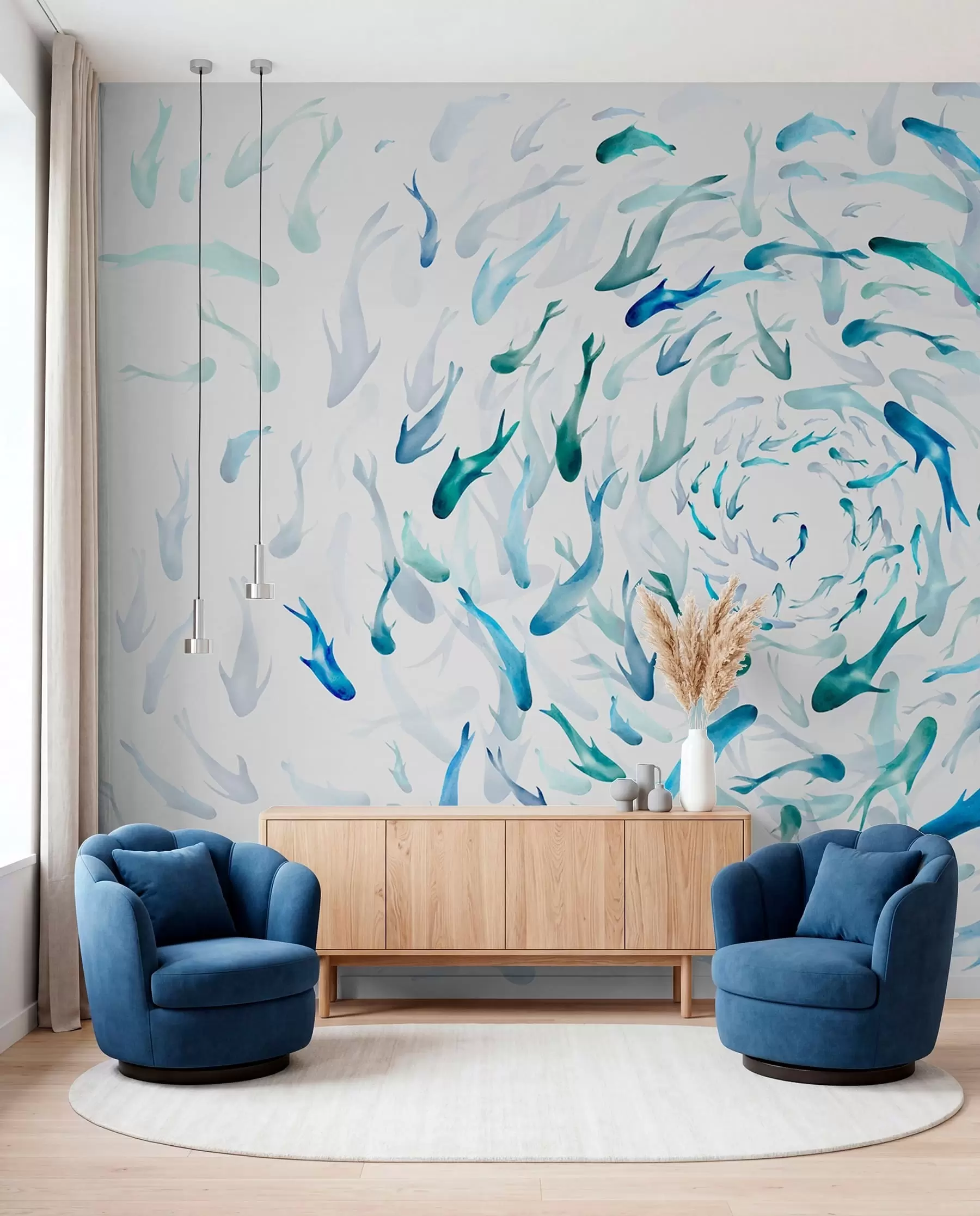 wall murals Риба која се ковитла у вртлогу, рибљи плес, акварел, ајкула, апстрактна композиција, минимализам, плава, зелена боја w00510