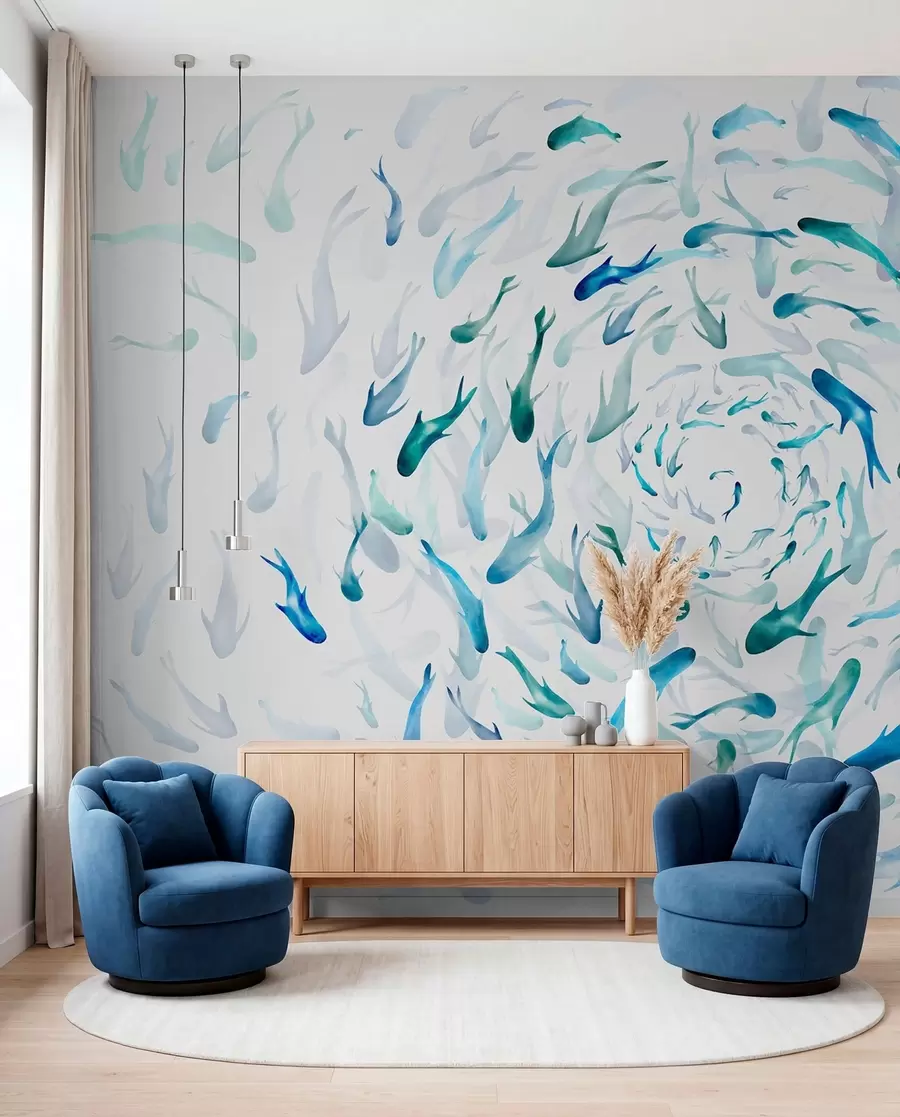 wall murals Риба која се ковитла у вртлогу, рибљи плес, акварел, ајкула, апстрактна композиција, минимализам, плава, зелена боја w00510