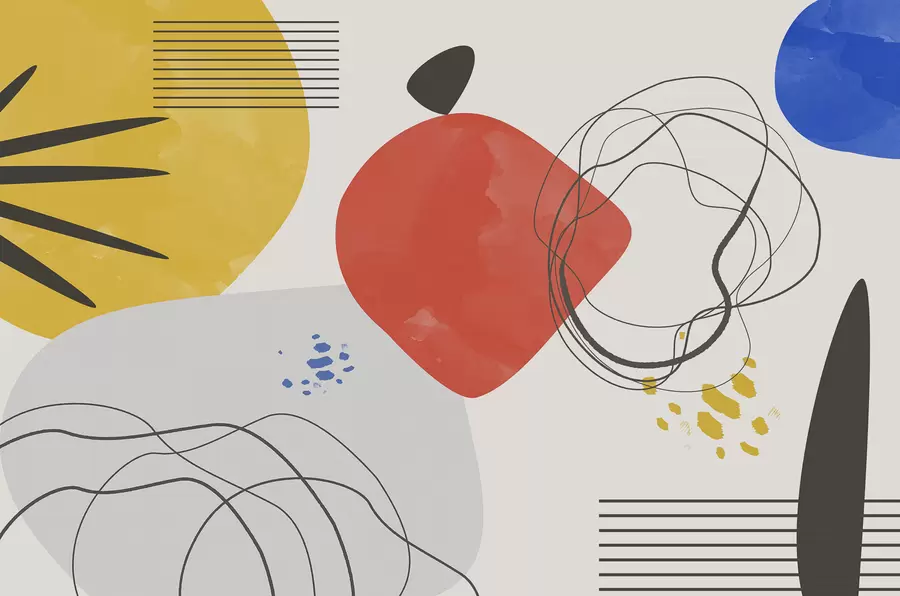 wall murals Апстракција модерна, светла тачка, бохо, геометрија, топографија, криве, линије, црвена, жута, плава, црна w00514