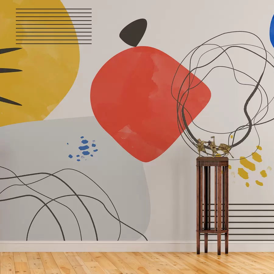 wall murals Апстракција модерна, светла тачка, бохо, геометрија, топографија, криве, линије, црвена, жута, плава, црна w00514