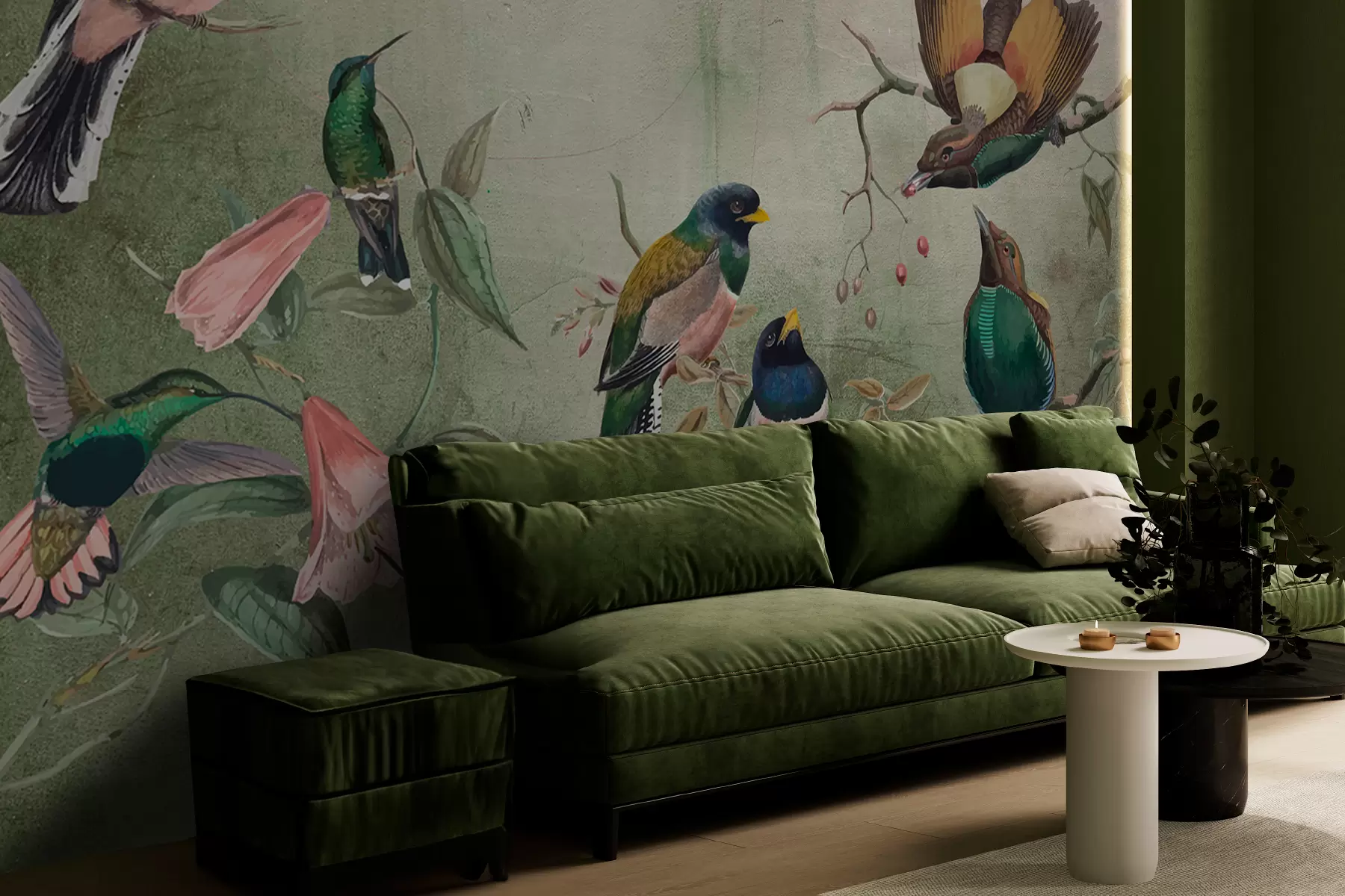 wall murals Група шарених птица седела је на гранама у текстурираној позадини w00543