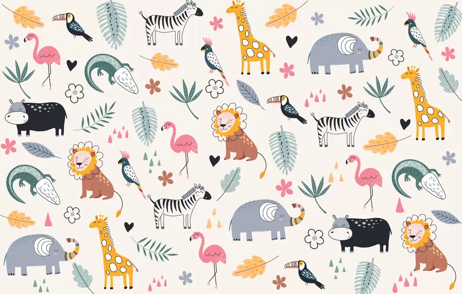 wall murals животиње, лавови, жирафе, слонови, лишће, соба за бебе w00555