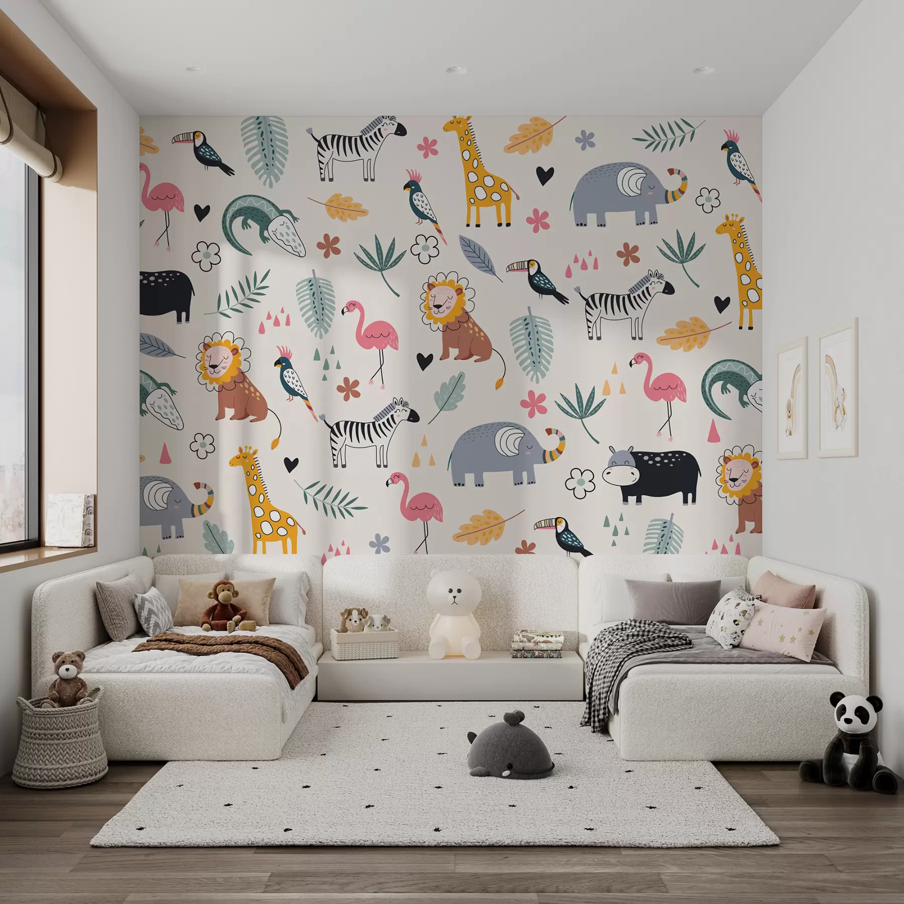 wall murals животиње, лавови, жирафе, слонови, лишће, соба за бебе w00555
