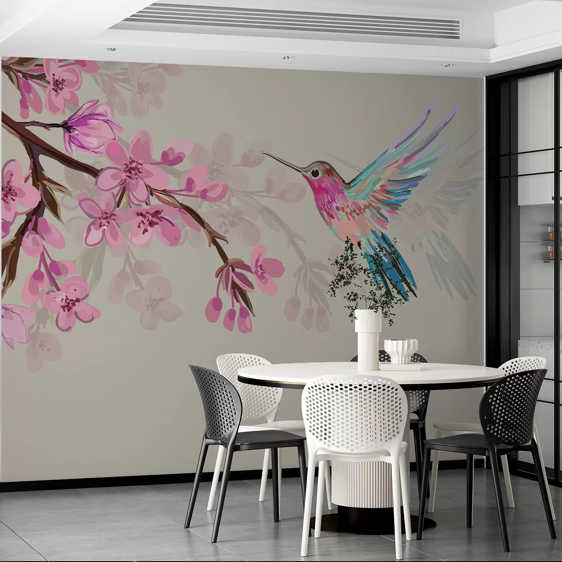 wall murals грана са ружичастим цветовима и светлом птицом на ружичастој позадини w00693v1