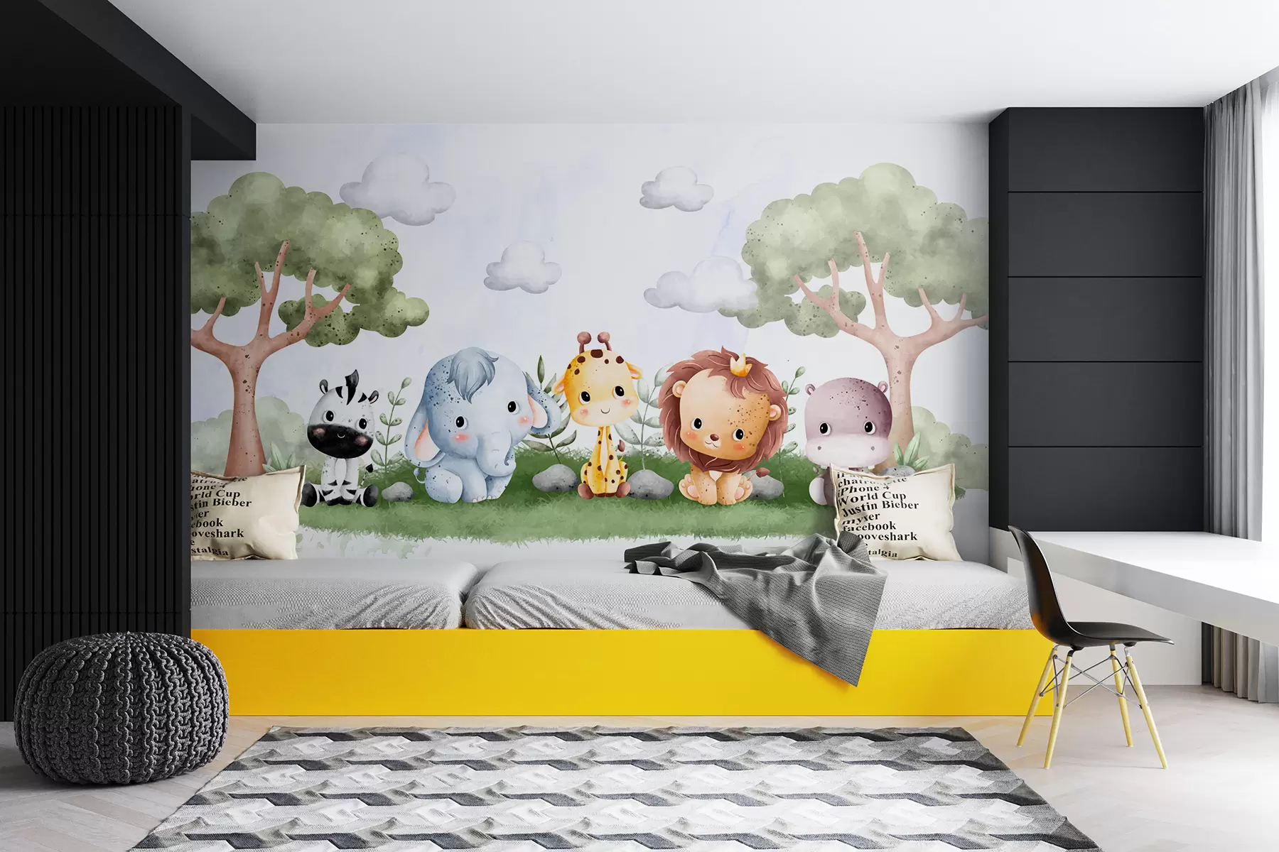 wall murals Група слатких цртаних животиња седе на травнатом пољу са дрвећем и облацима у позадини w00705
