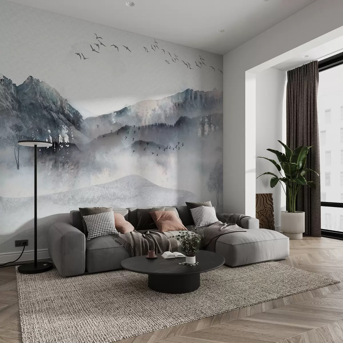 wall murals Пејзаж са планинама у позадини, са неколико стабала видљивих у првом плану спокојан w00707