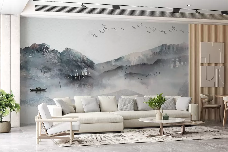 wall murals Пејзаж са планинама у позадини, са неколико стабала видљивих у првом плану спокојан w00707