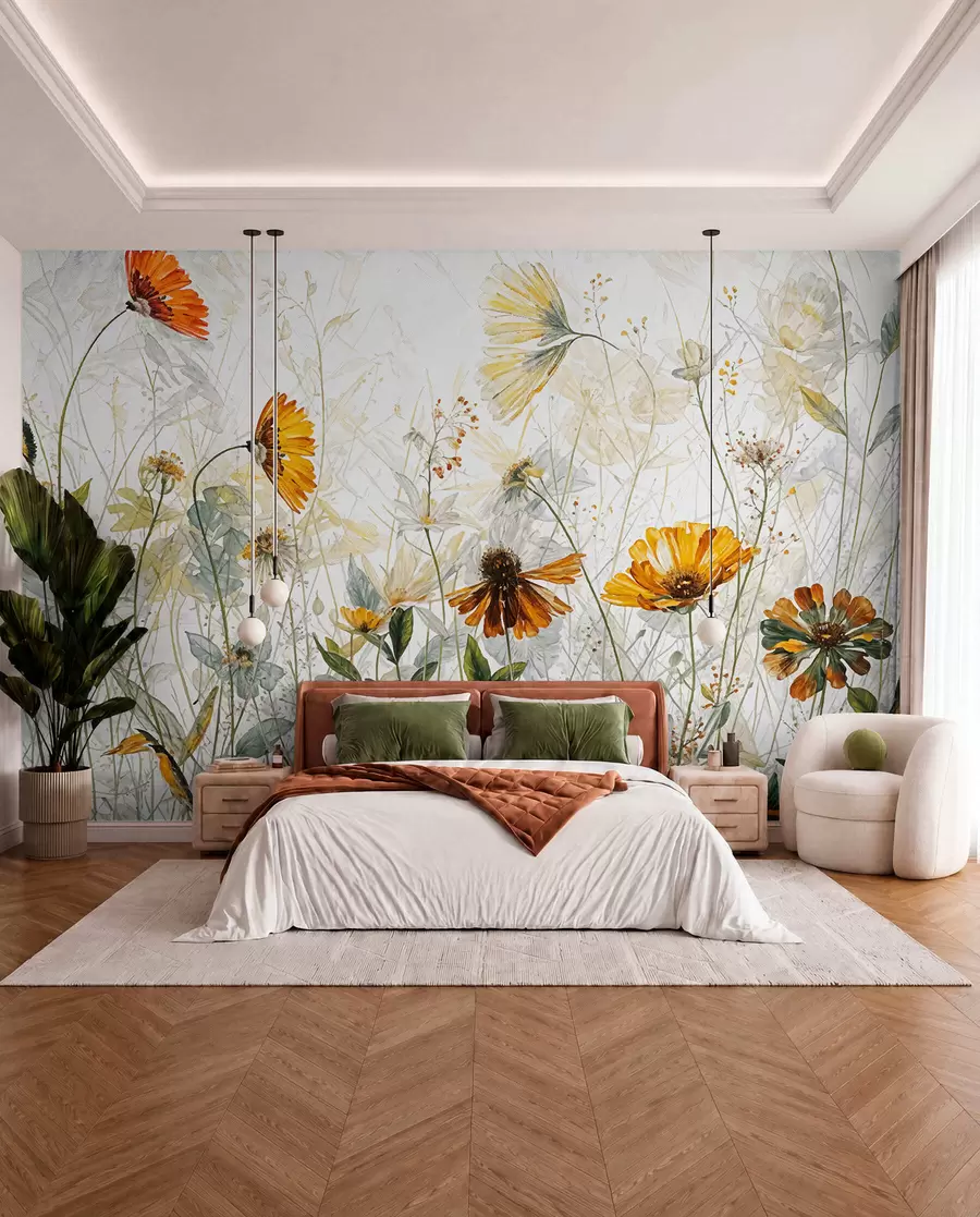 wall murals Поље живописног цвећа на мекој, магловитој позадини са деликатним белим цвећем и танком травом w00708