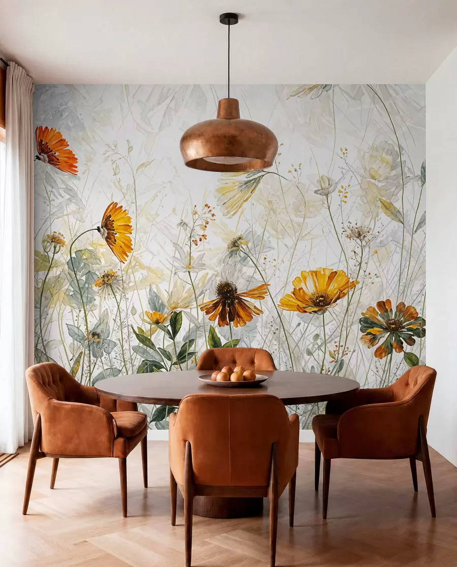 wall murals Поље живописног цвећа на мекој, магловитој позадини са деликатним белим цвећем и танком травом w00708