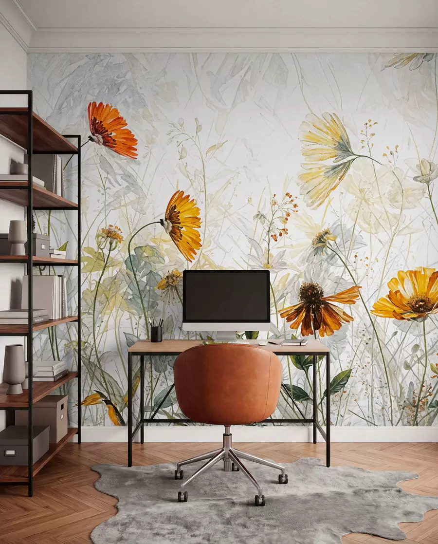 wall murals Поље живописног цвећа на мекој, магловитој позадини са деликатним белим цвећем и танком травом w00708