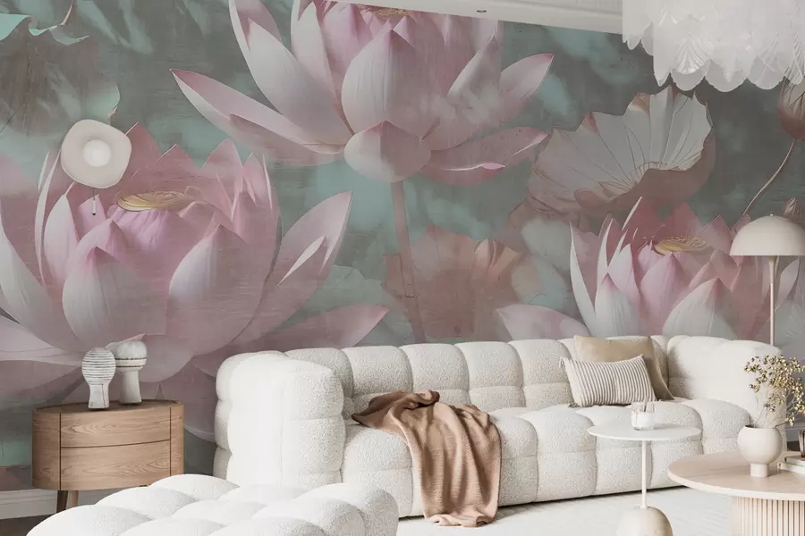 wall murals Крупни план неколико деликатних ружичастих цветова лотоса на мекој, замућеној позадини w00710