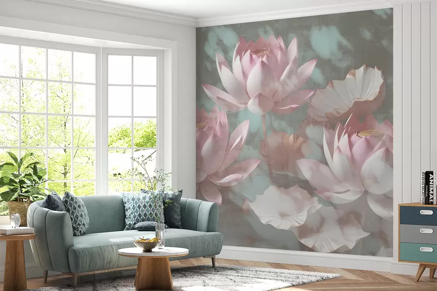 wall murals Крупни план неколико деликатних ружичастих цветова лотоса на мекој, замућеној позадини w00710