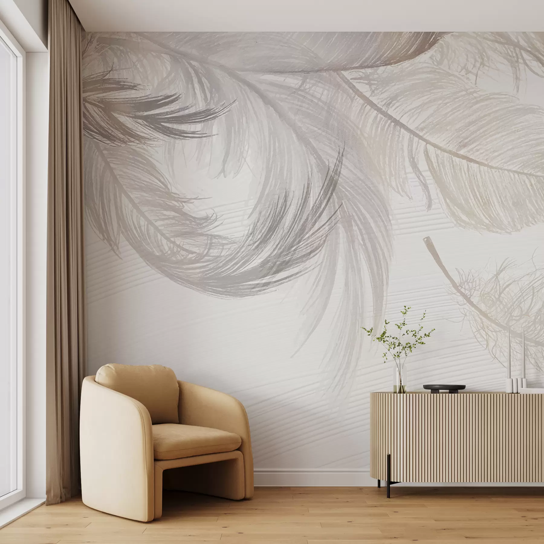 wall murals Меко, нежно бело перје које лебди на светлој позадини w00739